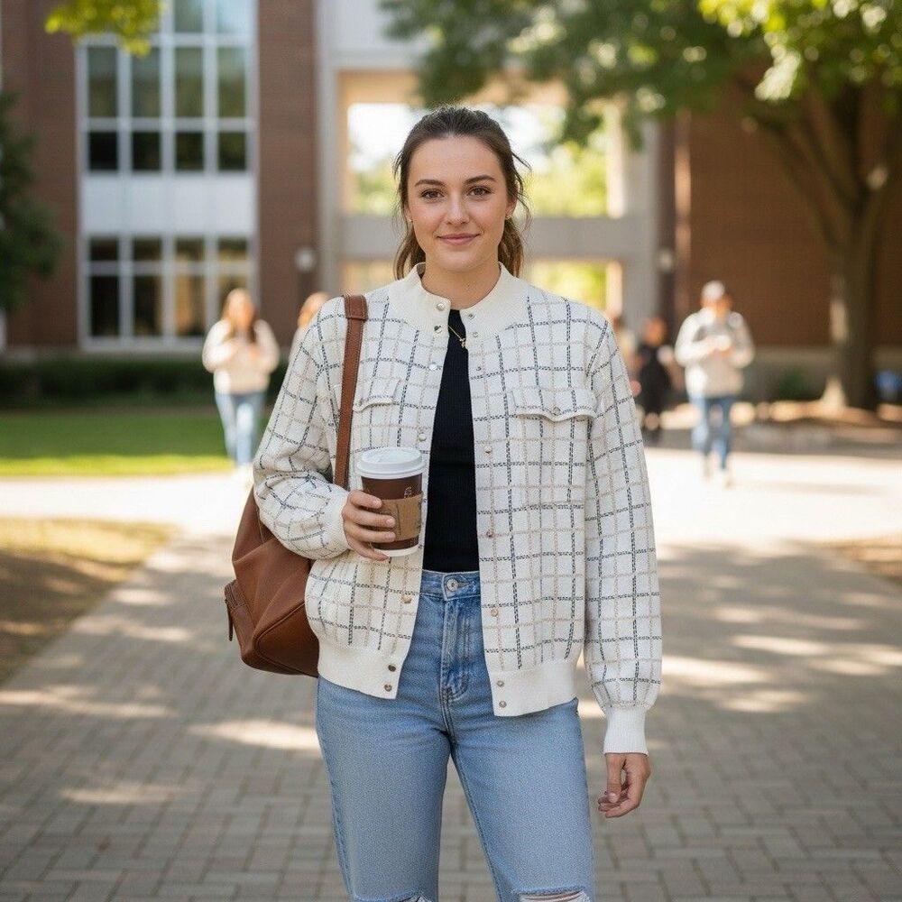 Women’s By Design Jacket Medium Plaid Snap Front Snap Pockets Cuffed Sleeves